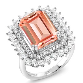 Gem Stone King 6.90 Cttw Peach Nano Morganite Women Ring | 925 Sterling Silver | Emerald Cut 14X10MM | Available In Size 5, 6, 7, 8, 9