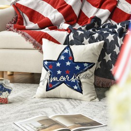 AVOIN colorlife 4th of July America Patriotic Stars Blue Throw Pillow Cover, 18 x 18 Inch Independence Day Memorial Day Decor Cushion Case for Sofa Couch