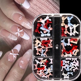 6-Grid Bow Nail Charms, Solid Color Bows for Nails 3D Resin Mini Cute Bow Nail Art Charms Mixed Colored Bow Charms for Acrylic Nails Mini Adorable Line Ties Designs Manicure DIY Accessories Crafts