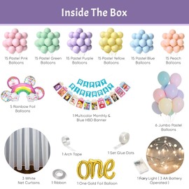 Specialyou.in First birthday decorations for boys / girls in rainbow theme with net fabric backdrop and multi color pastel balloons , Led fairy lights for 1st birthday decoration - 111 items