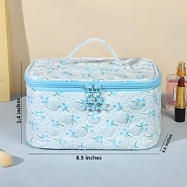 RoedCuoo 3PCS Makeup Bag,Cotton Quilted Makeup Bag Set,Floral Coquette Aesthetic Cosmetic Bag,Travel Cosmetic Bags,Toiletry Organizer Bag (Blue)