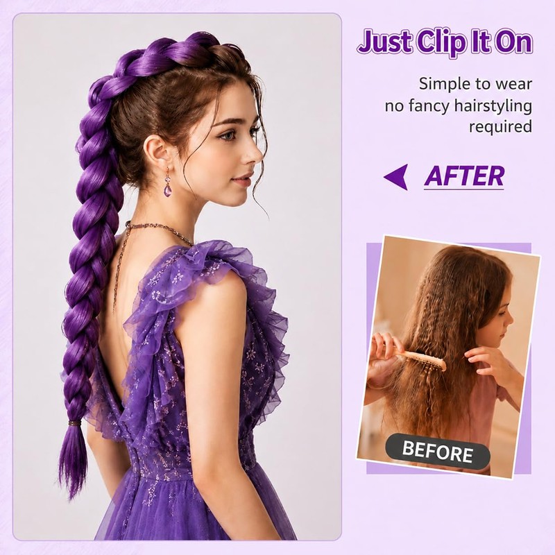 Purple Braided Ponytail Hair Extension, 26-Inch