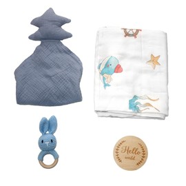 DI'FRANT Newborn Baby Gift Box | Educational Teething Toy & Soothing Crochet Rattle Set | 70% Bamboo & 30% Cotton | Perfect Baby Full Moon Gift in Eco-Friendly Kraft Box (Blue Pine)