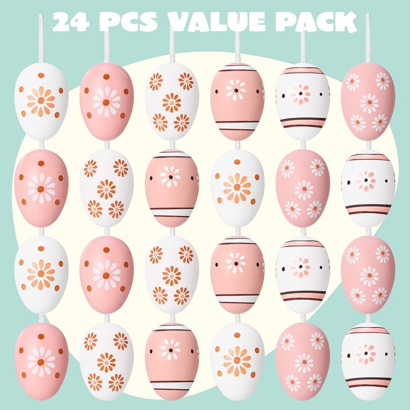 JOYIN 24 Pcs Plastic Easter Hanging Eggs with Ribbon, 2.36''
