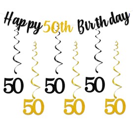 50th Birthday Party Decorations Men Women,Happy 50th Bunting Banner, 50 Banner Hanging Swirls Streamers for Women Men 50th Anniversary Party Decor Supplies Black Gold