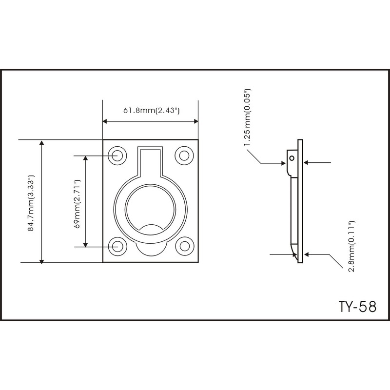 QCAA Solid Brass Large Heavy Rectangular Recessed Flush Ring Pull,
