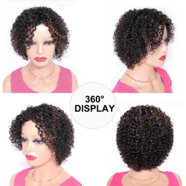 Velicoo Short Curly Human Hair Wigs for Black Women Lightweight Breathable Highlight Wig Ombre Black and Copper Brazilian Hair 1B/30 Kinky Curly Wigs for Summer