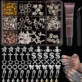 YAEISM 12 Grids Punk Nail Charms 380pcs Silver Nail Charms 3D Stud Spike Nail Art Alloy Bow Nail Charm Money Star Charms with Glue Gel,Tweezer for Women Decoration