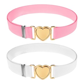 Pack of 2 Girls' Heart-Shaped Belts, Elastic Belt for Girls, Heart Elastic Waist Belt, Adjustable Polyester with Zinc Alloy Heart Buckle for Dresses, Jeans, Sweaters (White, Pink)