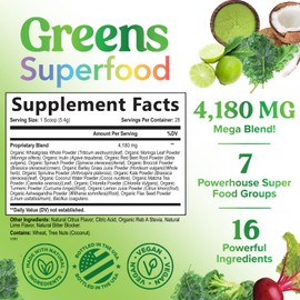 Greens Superfood Powder - Original Organic Super Greens Juice Powder - Packed with Probiotics, Wheat Grass, Enzymes, Spirulina, Chlorella for Digestive & Gut Health, Smoothie Drink Mix - 28 Servings