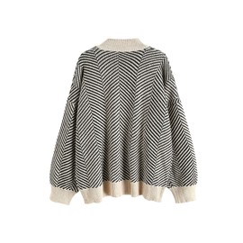 ZAFUL Women's Striped Cardigan Long Sleeve Button Up Open Front Knit Oversized Sweater (0-Stripes)