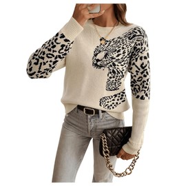 SOLY HUX Women's Vintage Leopard Print Sweater Long Sleeve Crewneck Knit Pullover Jumper Tops Apricot Leopard Large