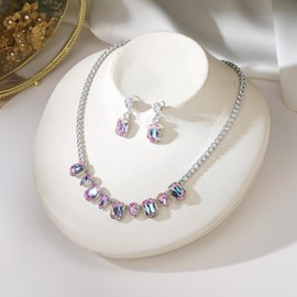 AMYJANE Wedding Jewelry Set for Women Crystal CZ Square Necklace Matching Dangle Earrings Chain Set Mother's Day Anniversary Engagement Jewelry Set for Bride Bridesmaids Wife, Silver, Cubic Zirconia,