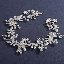 Lenjicons Vintage Flower Leaf Rhinestone Hair Vine Pearls Rhinestone Headband Wedding Hair Vine Handmade Flower Leaf Pearls Headpiece Bridal Headband for Women (silver, free size)
