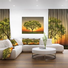 Designart Green Setting Sun Trees Canvas Wall Art, 12" H x 20" W x 1" D 1P