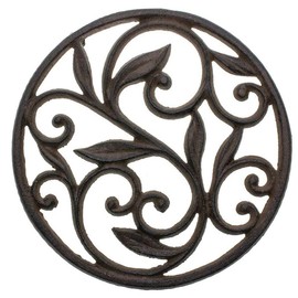 Cast Iron Trivet - Round with Vintage Pattern - Decorative Cast Iron Trivet For Kitchen Or Dining Table - 7.7" Diameter - Rust Brown Color - With Rubber Pegs by Comfify