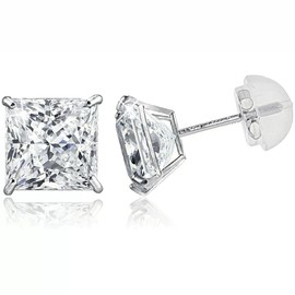 14k Solid Yellow OR White Gold Solitaire Round/Square Cubic Zirconia Earrings Studs For Women - Small CZ Stud Earring, Nickel Free, Screw Back/Silicone Pushback - Jewelry Gift for Her,In Various Sizes (Square White Gold | Silicone Pushback, 5mm)