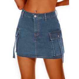 WUDODO Women High Waisted Denim Skorts Mini Y2K Casual Jean Cargo Skirt with Flap Pockets Denim Blue M