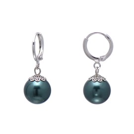 Vintage Drop Leverback Hoops Simulated Pearl Earrings for Women, Dark Green Nacre