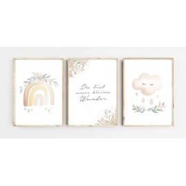 Lemmami Stationery Set of 3 Wall Pictures Children's Room Baby Room Poster Pictures DIN A4 Girls Boys Boho Decoration Children's Room Boho Rainbow Cloud (Set of 3 Pictures Set Pink) Pastel Wall