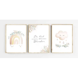 Lemmami Stationery Set of 3 Wall Pictures Children's Room Baby Room Poster Pictures DIN A4 Girls Boys Boho Decoration Children's Room Boho Rainbow Cloud (Set of 3 Pictures Set Pink) Pastel Wall