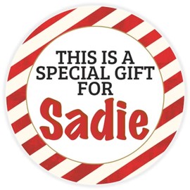 This is a Gift for Sadie - 100 Pack Circle Stickers 3 Inch - Candy Cane Merry Christmas Gift Tag Present Tree Holiday Custom Name Santa Claus