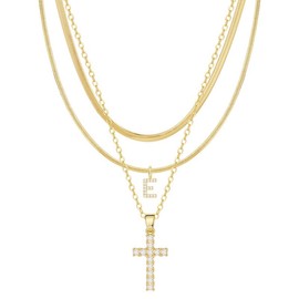 TASISO Layered Gold Necklaces for Women  Tiny Initial Necklaces 14K Gold Plated Stackable Necklaces with CZ Cross Design Safety Pin Necklace Chains:_F