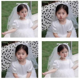 Voddkis Bridal Wedding Short Veil Women's White Pearl Hair Bow Veils with Barrette Tulle or Wedding Bachelorette Party for Women and Girls