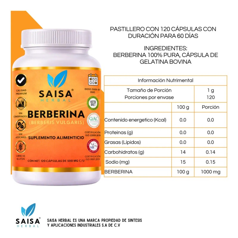 Berberina 100 Pura 120 Cáps Suplemento Alimenticio Saisa Herbal Metabolismo