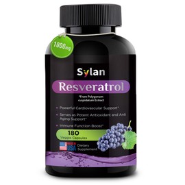 SYLAN Trans Resveratrol Supplement, 1000mg, 180 Veggie Capsules, Antioxidant, Supports Heart, Joint, Brain, Immune Health & Anti-Aging, Non-GMO, Made in USA, Resveratrol 500mg Powder per Capsul