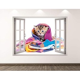 West Mountain Small Cat Wall Decal Art Decor 3D Window Animal Sticker Mural Kids Room Custom Gift BL79 (40" W x 30" H)