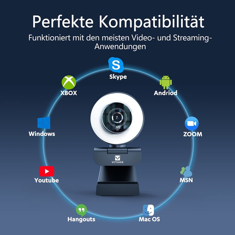 VITADE 960A Pro Webcam with Light, Streaming Cam with Microphone,