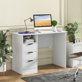 Tangkula White Desk with 3 Drawers & Charge Station, Home Office Desk with Open Shelf, Study Writing Desk, PC Desk Computer Workstation, Modern Computer Desk for Bedroom, Study