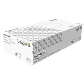 Unigloves Unicare Clear Vinyl GS0073 Examination - Multipurpose, Lightly Powdered, Latex Free Disposable Gloves, Box of 100 Gloves, Clear, Medium