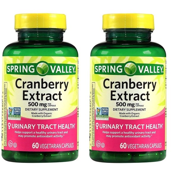 Spring Valley Cranberry Extract For Urinary Tract Health,Dietary Supplement,Antioxidant Health, 60 Count, 500 mg per Capsule (Pack of 2)