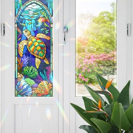 Decorative Sea Turtle Stained Glass Window Film, Sea Turtle Stained Glass Window Film for Bathroom Door Heat Anti UV