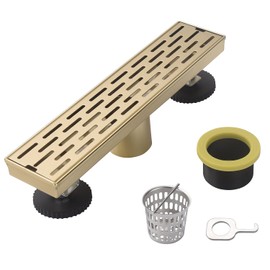 DEOKXZ Linear Shower Drain 12 Inch Brushed Gold,Rectangular Shower Drain Cover Hair Catcher,304 Stainless Steel Brass Finish Removable with Adjustable Horizontal Foot Thread Adapter (Brushed Gold)