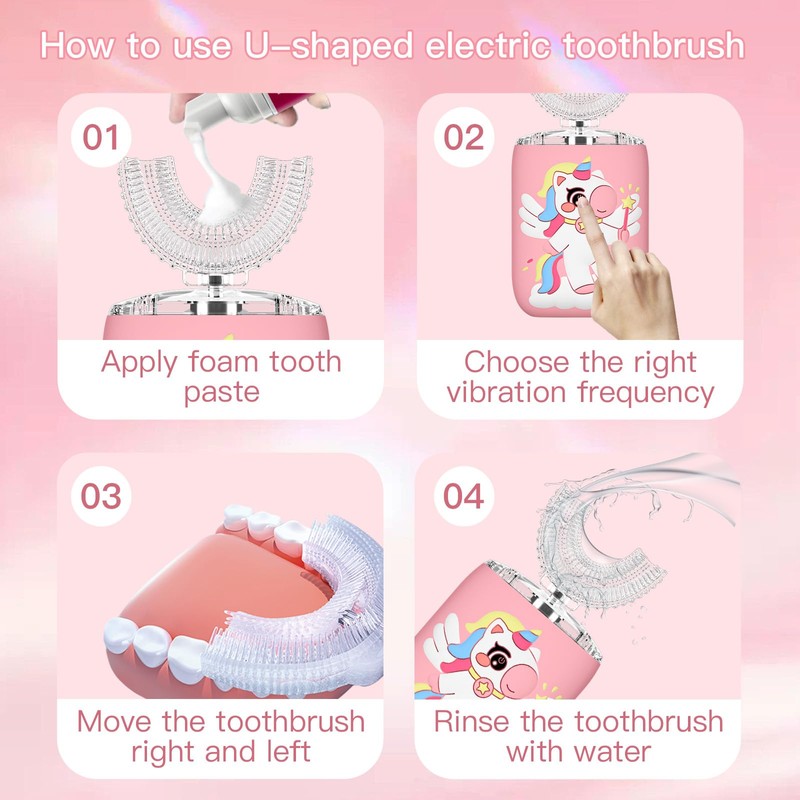 ELOTAME Kids Electric U Shaped Toothbrush Unicorn Rechargeable Sonic Toothbrush