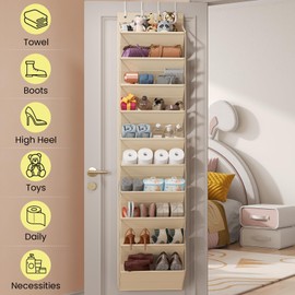 Mefirt Over the Door Shoe Organizer for Closet, Shoes Rack with 10 Tier PVC Window Deep Pockets, Hanging Shoe Organizers for Boot Storage, Behind the Door Narrow Shoe Holder for Small Shoes, Beige