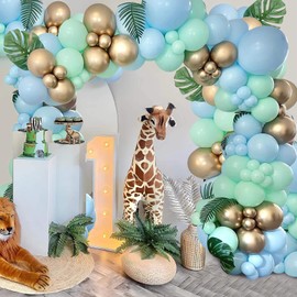 141PCS Sage Green Baby Blue Gold BalloonS Garland Arch Kit Retro Green Latex Balloons for Neutral Woodland Wedding Birthday Party Baby Shower Decoration