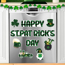 St. Patrick’s Day Dishwasher Magnetic Decorations, Green Plaid Happy St Patrick’s Day Refrigerator Magnets Gnomes Clover Shamrock Magnetic Cover for Fridge Irish Holiday Kitchen Magnets Car Decor