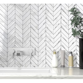 DICOFUN Polished White Marble PVC Mixed Metal Silver Herringbone Tile Peel and Stick Backsplash, Stick on Backsplash for Kitchen and Bathroom Wall