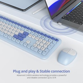 surmen Blue Keyboard and Mouse Wireless, Cute Wireless Typewriter, Full Size Slim Silent Keyboard Round Keys Aesthetic for Home and Office(Colorful Blue)