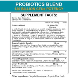 Probiotics 120 Billion CFU-36 Strains + Organic Prebiotics + Digestive Enzyme + Natural Whole Food Supplement for Ultimate Gut Health Support- 120 Softgels 60 Day Supply