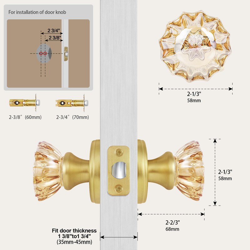 SHINY HANDLES Champagne Glass Crystal Door Knobs Interior,Passage Satin Brass/Brushed