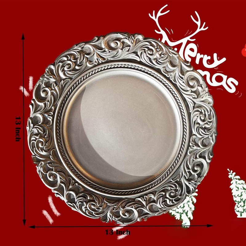 Umisriro Antique Silver Charger Plates Embossed Rim, 13 Inch Dinner