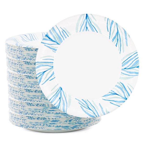 yesbox 10-Inch Decorative Disposable Paper Plates – Blue Feather Design,