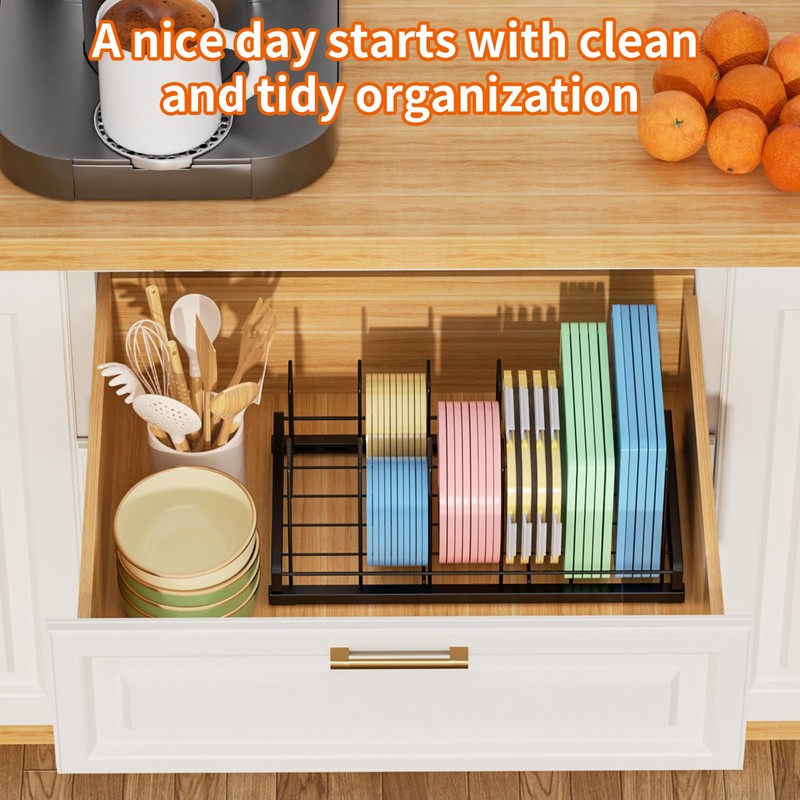 Food Container Lid Organizer for Cabinet, 6 Adjustable Dividers Metal