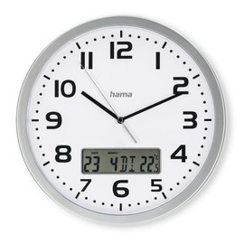 Hama Moorea Radio Wall Clock (DCF Radio-Controlled Clock, Digital Display of Date and Temperature, Adjustable Time Zone, Diameter 30 cm, Large Dial, Analogue Wall Clock, Second Hand, 7 Languages, Includes Battery) Silver