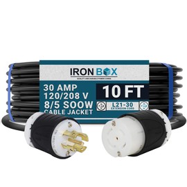 IronBox Electric - L21-30 Extension Cord - 8/5 SOOW Cable Jacket, 30A Rated, 120/208V (3-Phase) - Ideal for Transfer Switches, Data Centers, Industrial Settings, and High-Powered Applications(10 ft)